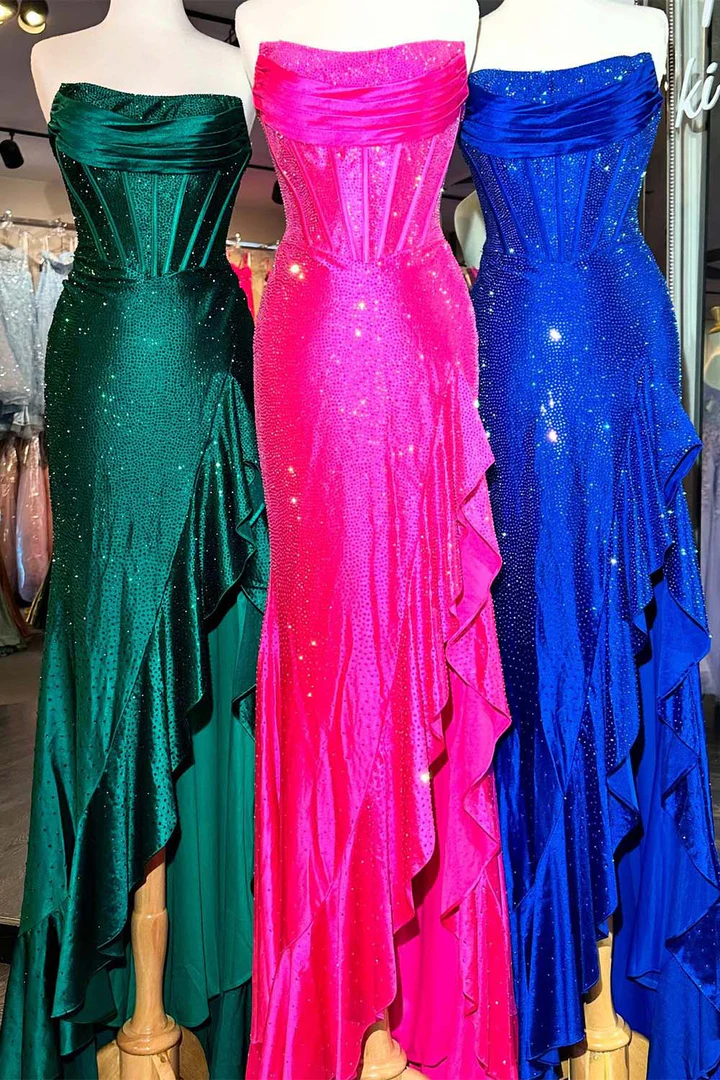 Fuchsia Off-the-Shoulder Tiered Long Prom Dress with Slit BabaMila Dark Green 2