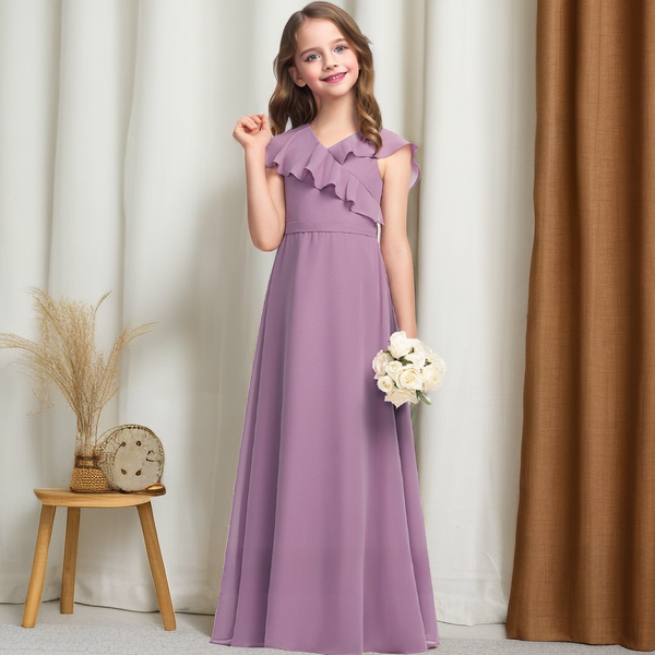 A-Line Cape V-Neck Simple Floor-Length Chiffon Junior Bridesmaid Dress/Girls Birthday Dresses With Belt Gidiondress