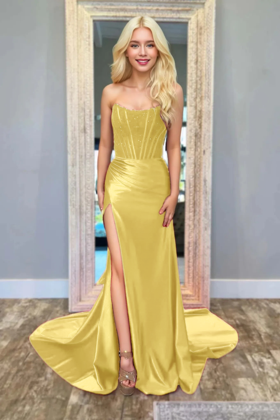 Mermaid Strapless Satin Long Prom Dresses With Beading BabaMila