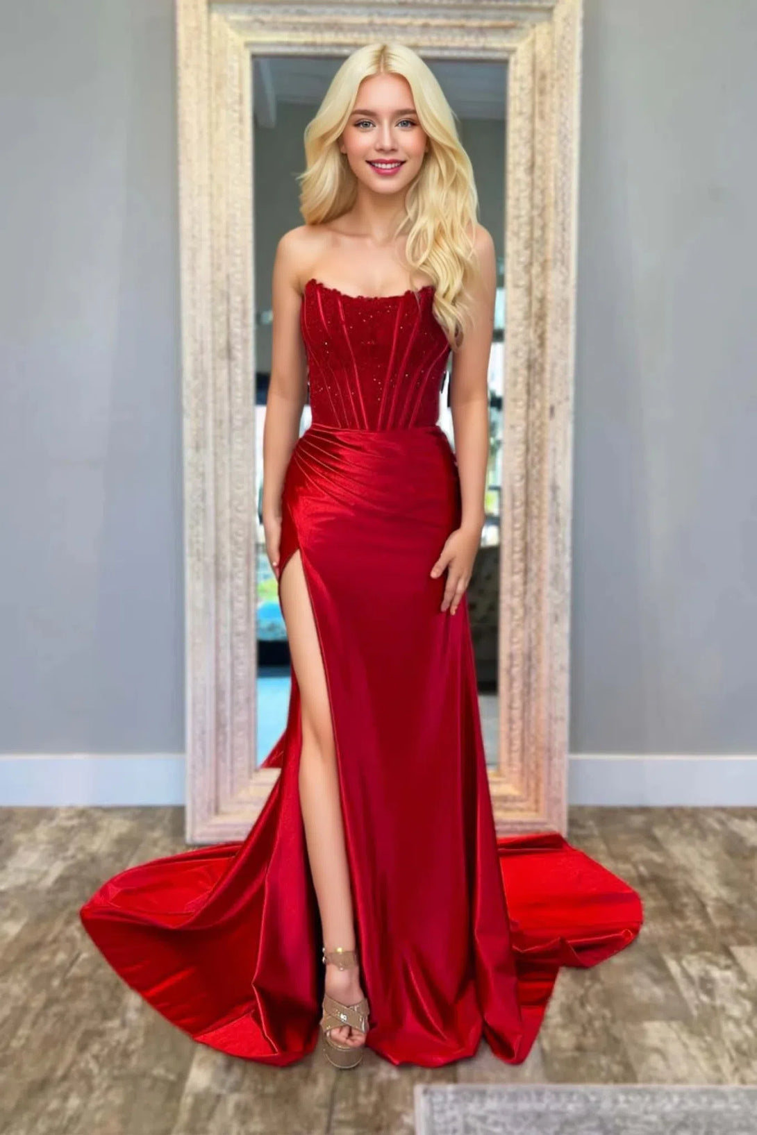 Mermaid Strapless Satin Long Prom Dresses With Beading BabaMila Burgundy 2