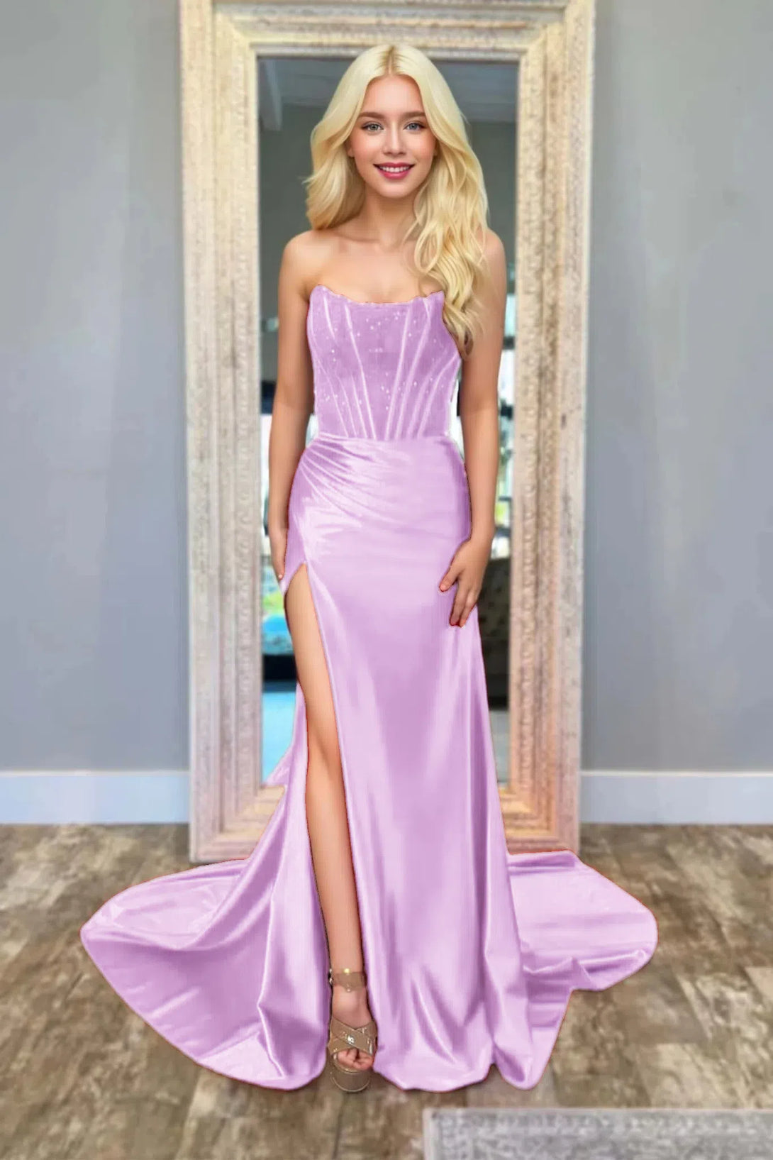 Mermaid Strapless Satin Long Prom Dresses With Beading BabaMila Lilac 2