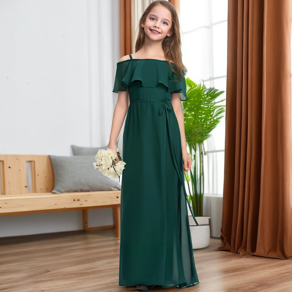 A-Line Cold Shoulder Cape Simple Floor-Length Chiffon Junior Bridesmaid Dress/Girls Birthday Dresses With Belt Gidiondress as picture 12M