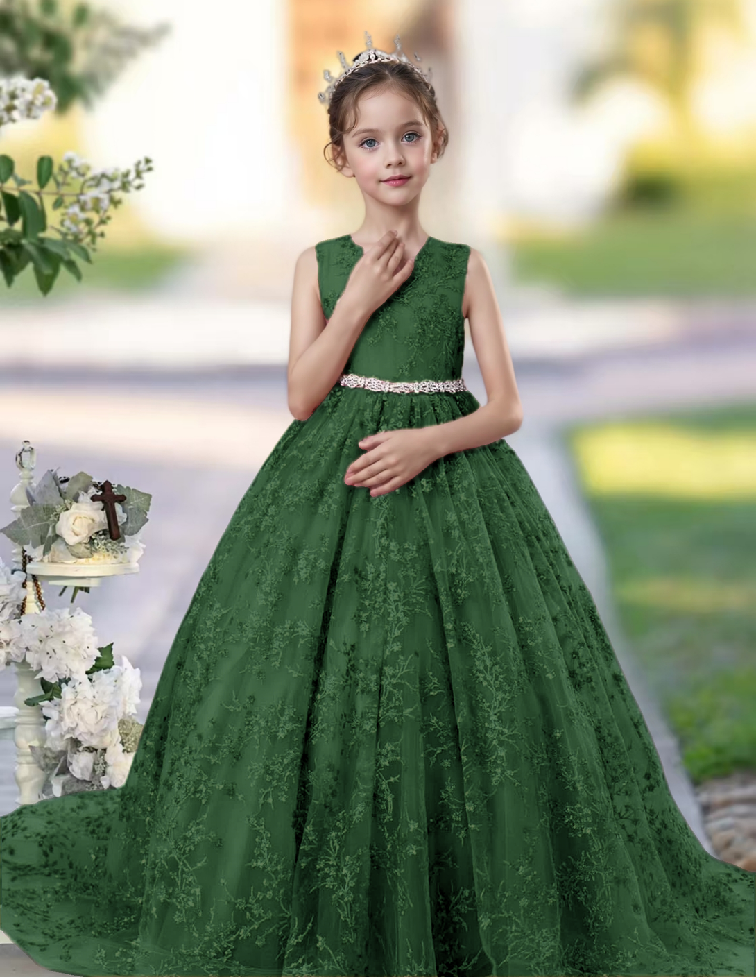 Princess Lace/Tulle Sweep Train Girl's Dress Ball-Gown Scoop Floor-Length Dusty Rose Flower Girl Dress Gidiondress Dark Green 12M