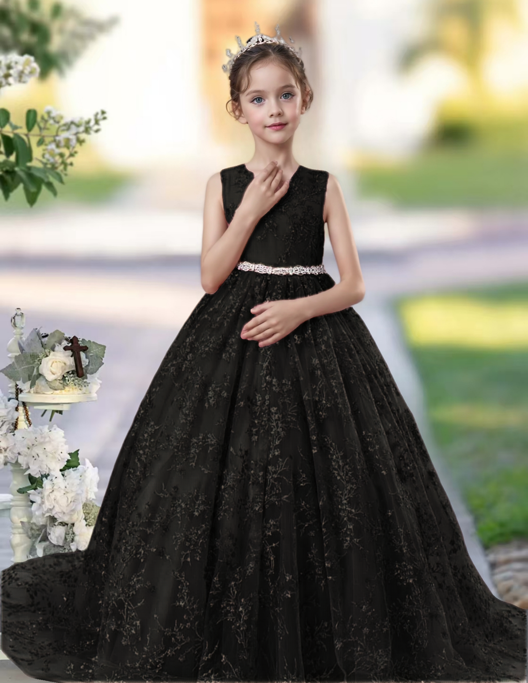 Princess Lace/Tulle Sweep Train Girl's Dress Ball-Gown Scoop Floor-Length Dusty Rose Flower Girl Dress Gidiondress Black 12M