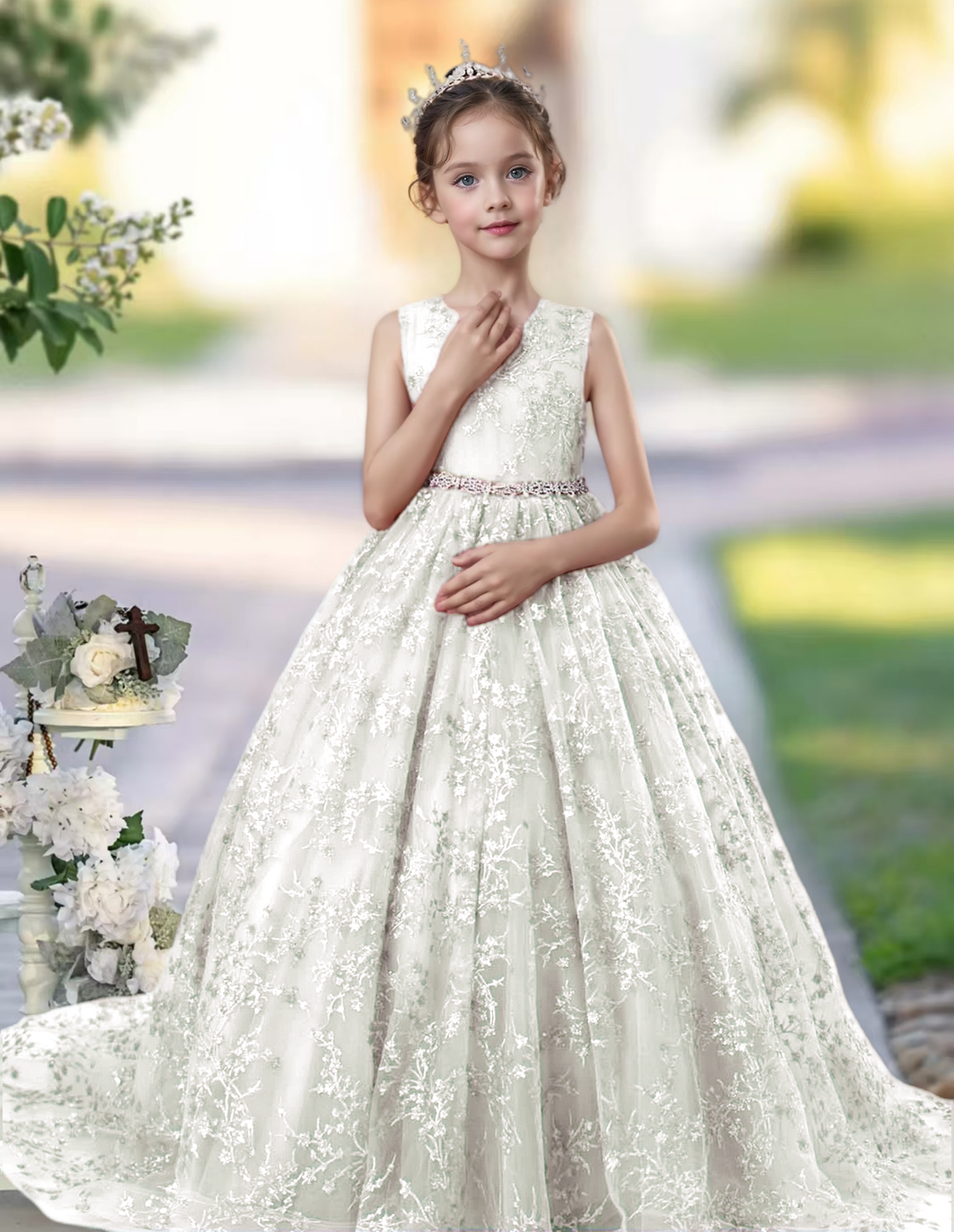 Princess Lace/Tulle Sweep Train Girl's Dress Ball-Gown Scoop Floor-Length Dusty Rose Flower Girl Dress Gidiondress