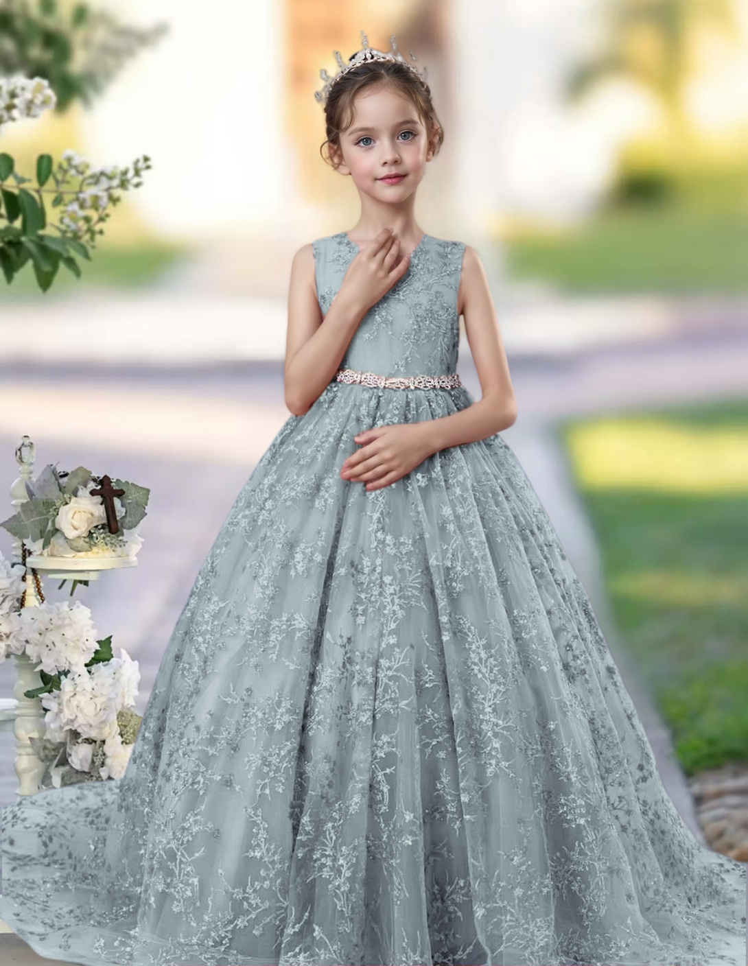 Princess Lace/Tulle Sweep Train Girl's Dress Ball-Gown Scoop Floor-Length Dusty Rose Flower Girl Dress Gidiondress