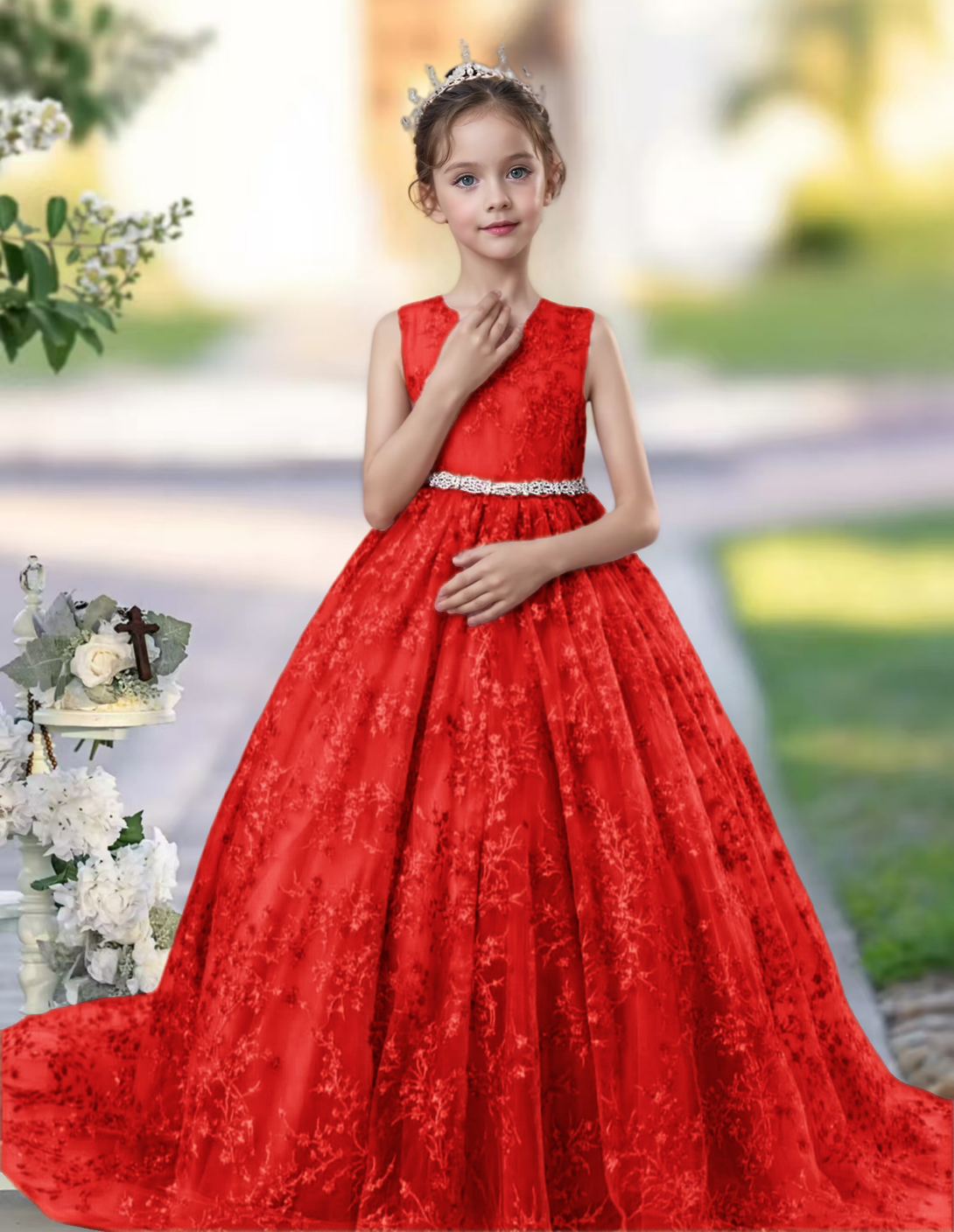 Princess Lace/Tulle Sweep Train Girl's Dress Ball-Gown Scoop Floor-Length Dusty Rose Flower Girl Dress Gidiondress Red 12M