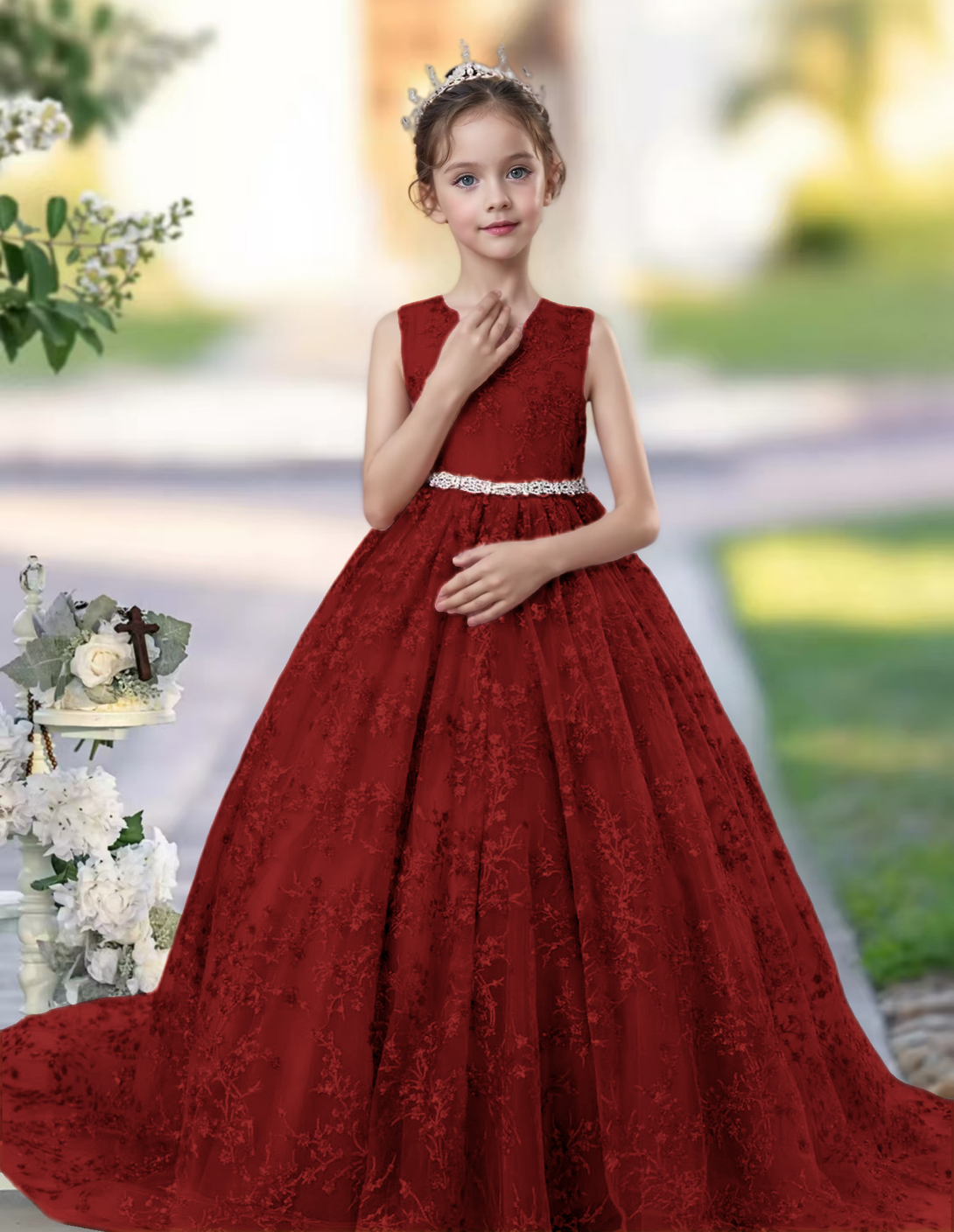 Princess Lace/Tulle Sweep Train Girl's Dress Ball-Gown Scoop Floor-Length Dusty Rose Flower Girl Dress Gidiondress