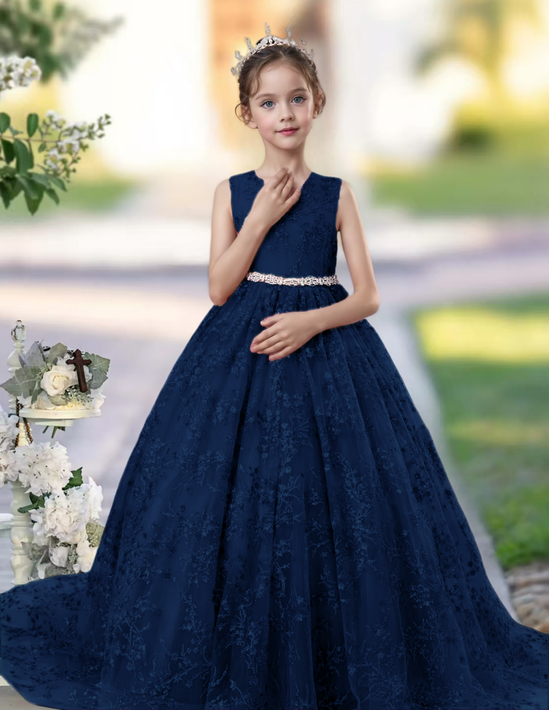 Princess Lace/Tulle Sweep Train Girl's Dress Ball-Gown Scoop Floor-Length Dusty Rose Flower Girl Dress Gidiondress