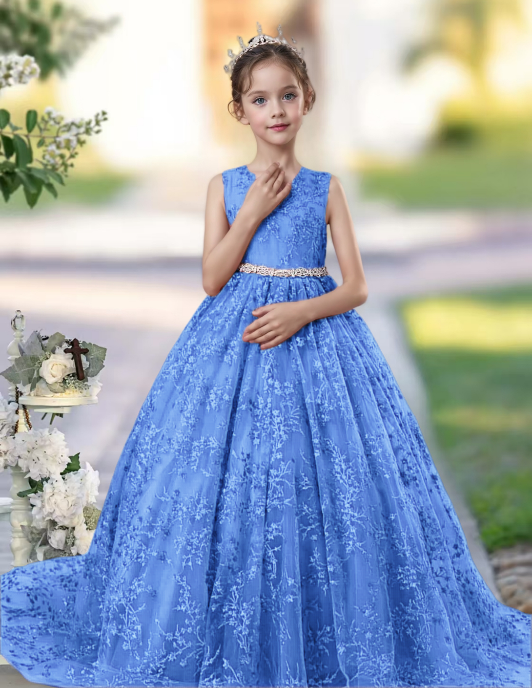 Princess Lace/Tulle Sweep Train Girl's Dress Ball-Gown Scoop Floor-Length Dusty Rose Flower Girl Dress Gidiondress