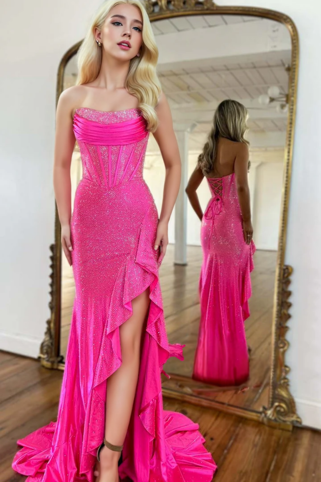 Fuchsia Off-the-Shoulder Tiered Long Prom Dress with Slit BabaMila Fuchsia 2