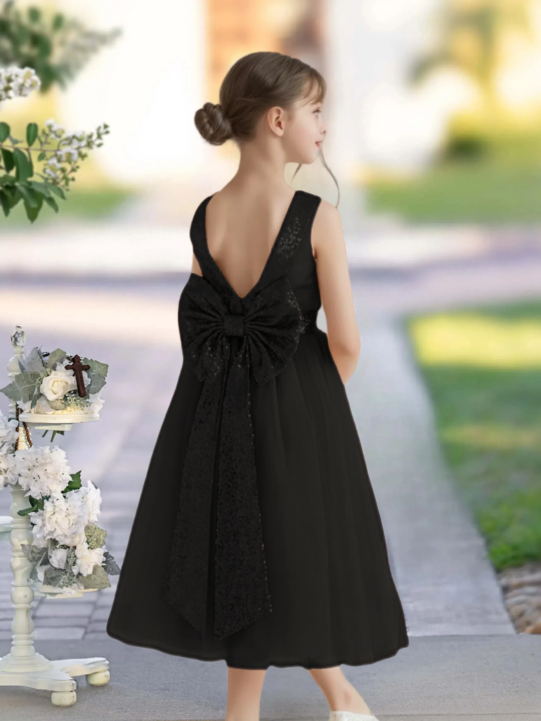 A-Line Scoop Neck Sleeveless Classic Tea-Length Sequins/Satin/Tulle Girls Birthday Dresses With Belt/Bow Gidiondress Black 12M