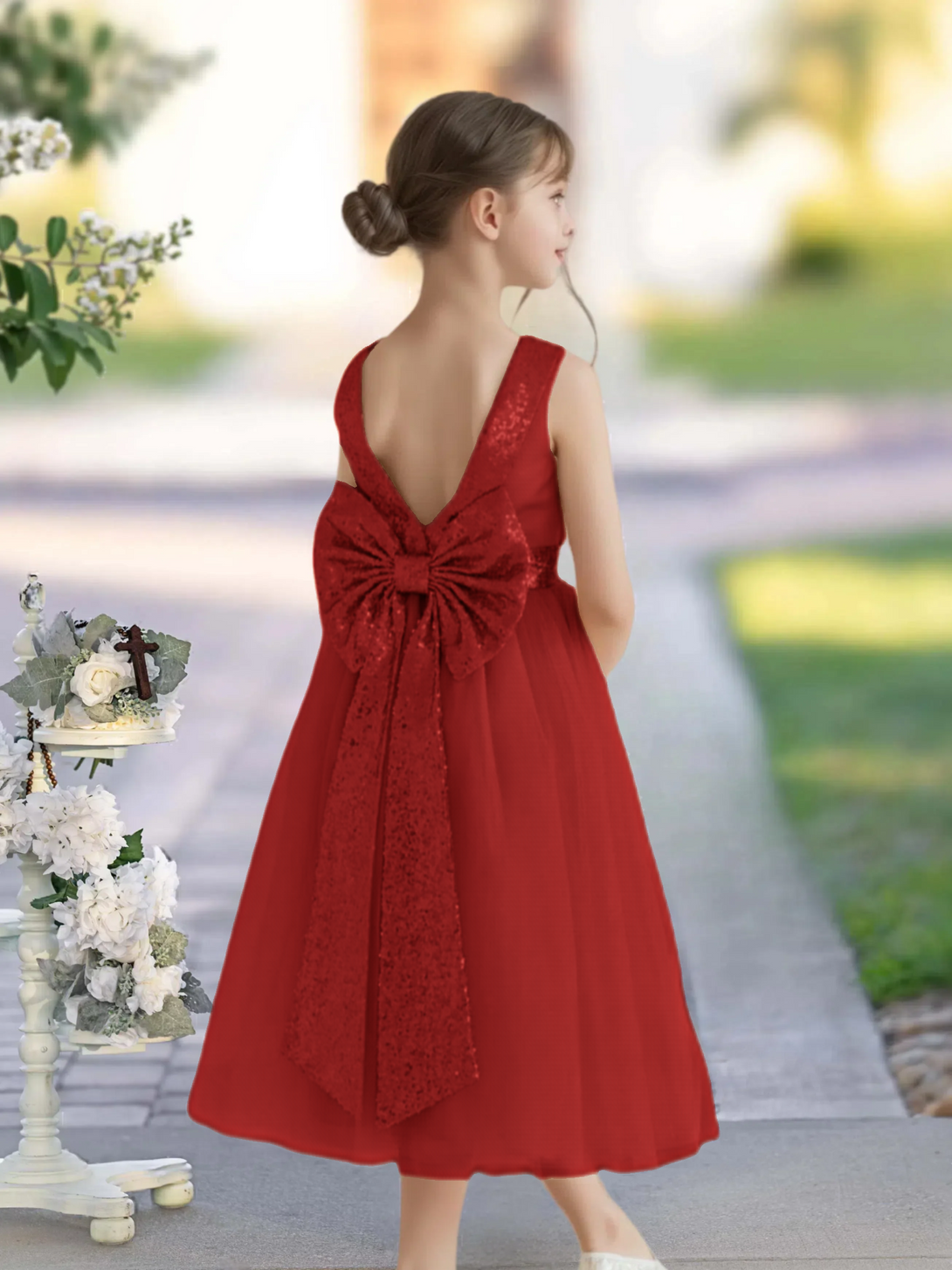 A-Line Scoop Neck Sleeveless Classic Tea-Length Sequins/Satin/Tulle Girls Birthday Dresses With Belt/Bow Gidiondress Burgundy 12M