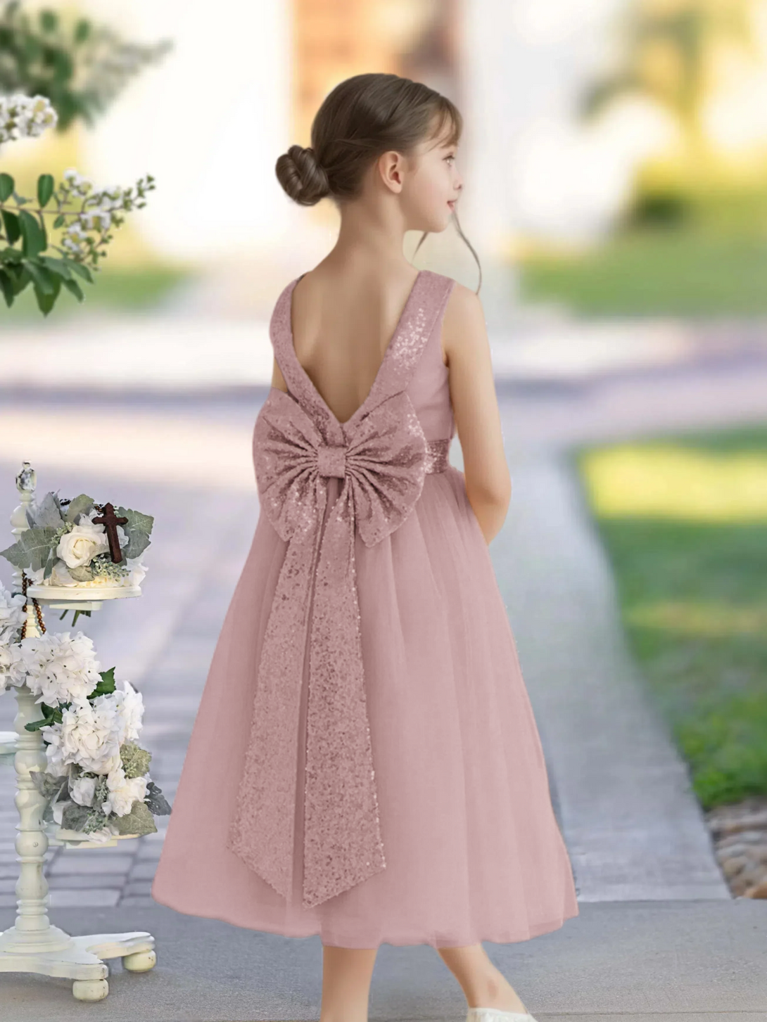 A-Line Scoop Neck Sleeveless Classic Tea-Length Sequins/Satin/Tulle Girls Birthday Dresses With Belt/Bow Gidiondress