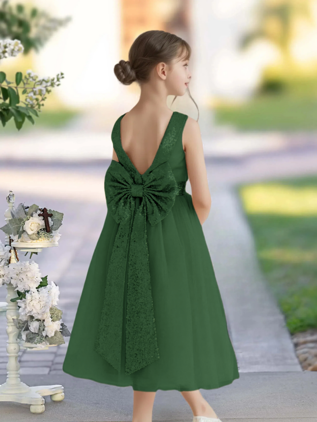 A-Line Scoop Neck Sleeveless Classic Tea-Length Sequins/Satin/Tulle Girls Birthday Dresses With Belt/Bow Gidiondress