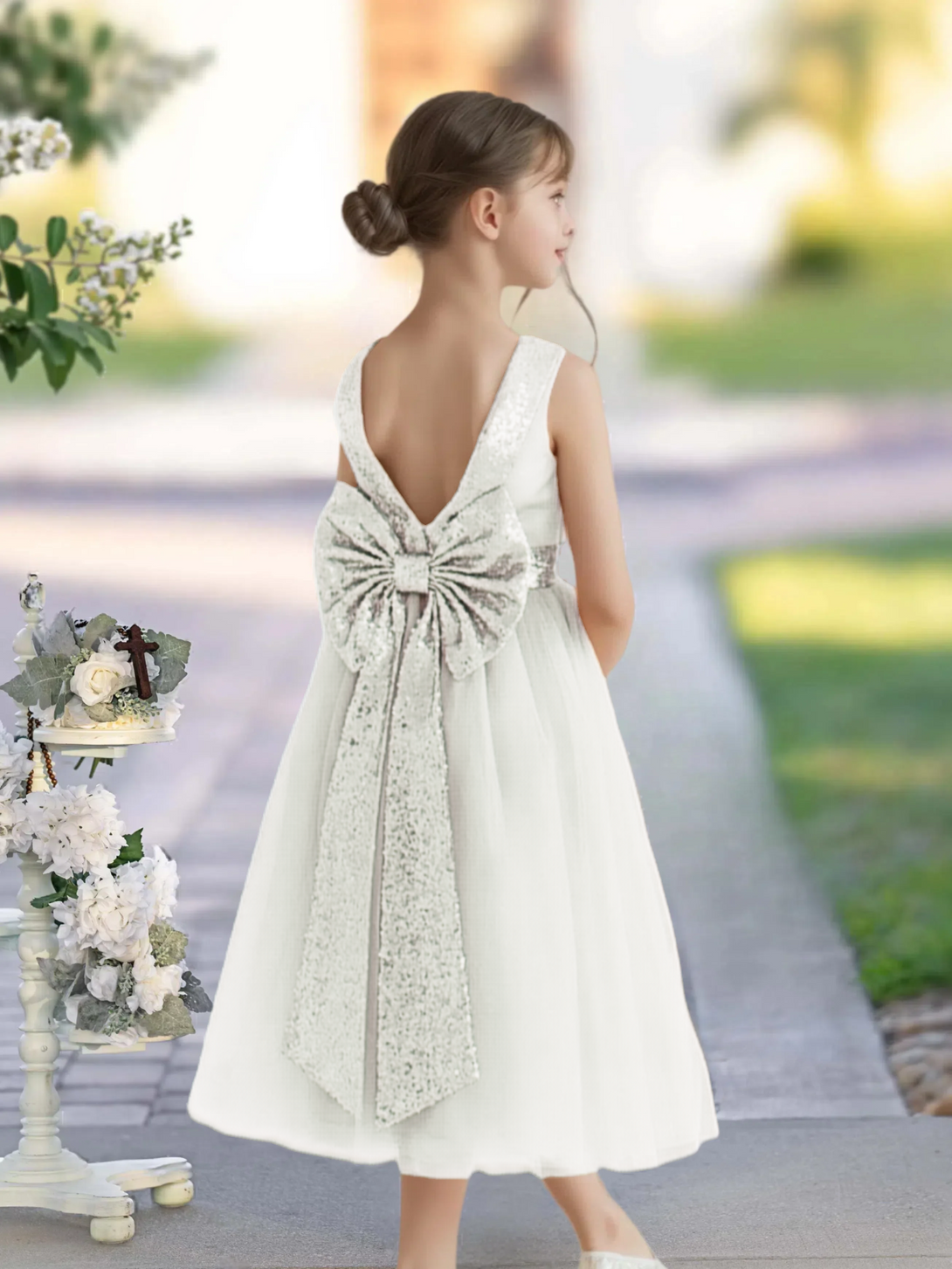 A-Line Scoop Neck Sleeveless Classic Tea-Length Sequins/Satin/Tulle Girls Birthday Dresses With Belt/Bow Gidiondress