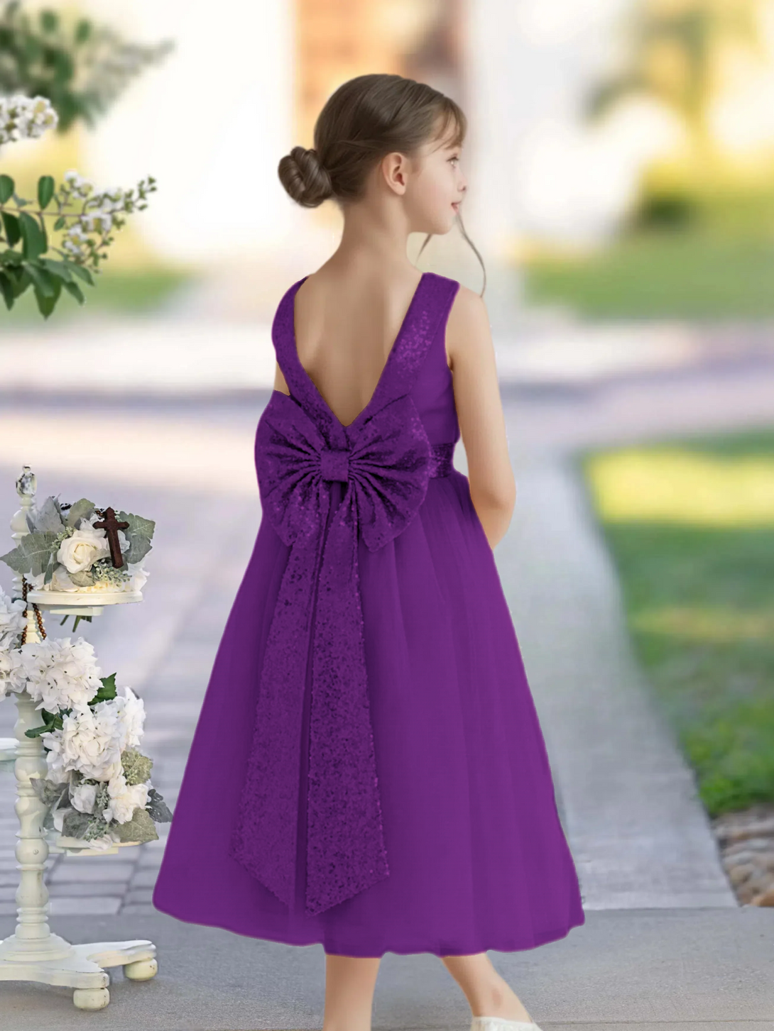 A-Line Scoop Neck Sleeveless Classic Tea-Length Sequins/Satin/Tulle Girls Birthday Dresses With Belt/Bow Gidiondress Purple 12M