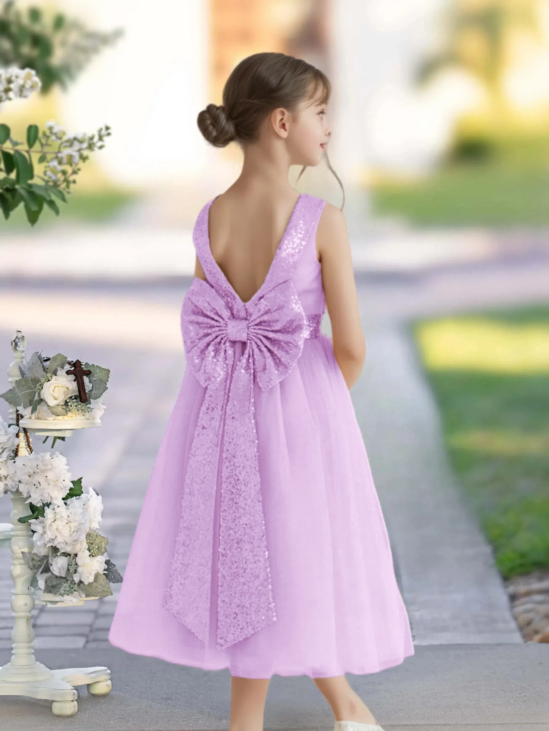 A-Line Scoop Neck Sleeveless Classic Tea-Length Sequins/Satin/Tulle Girls Birthday Dresses With Belt/Bow Gidiondress Lilac 12M