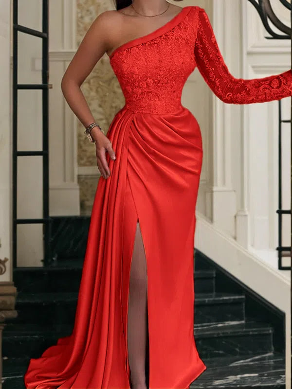 Sheath/Column Elastic Women Satin Prom Dress Lace One-Shoulder Long Sleeves Sweep/Brush Train Dresses BabaMila Red 2