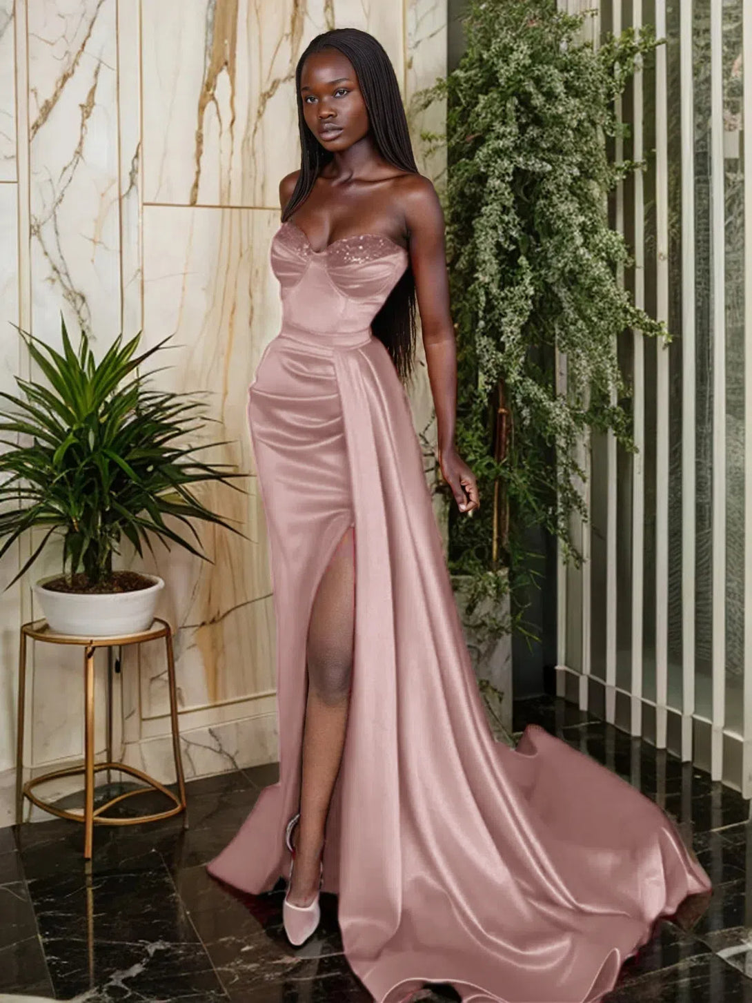 Elastic Women Satin Ruched Sweetheart Prom Dress Sleeveless Sweep/Brush Train Dresses BabaMila Dusty Rose 2