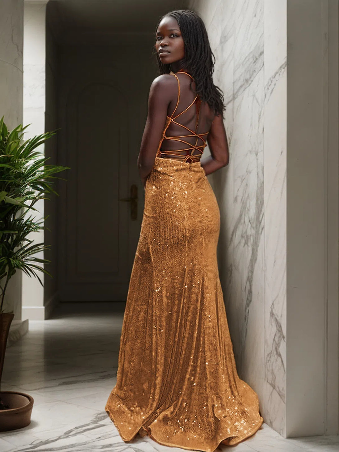 Sheath/Column Ruched V-neck Sequins Prom Gown Sleeveless Sweep/Brush Train Party Dresses BabaMila