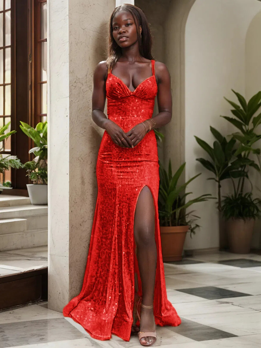 Sheath/Column Ruched V-neck Sequins Prom Gown Sleeveless Sweep/Brush Train Party Dresses BabaMila Red 2