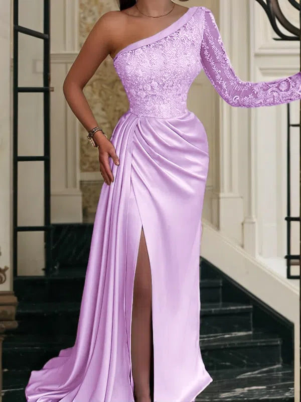 Sheath/Column Elastic Women Satin Prom Dress Lace One-Shoulder Long Sleeves Sweep/Brush Train Dresses BabaMila Lilac 2