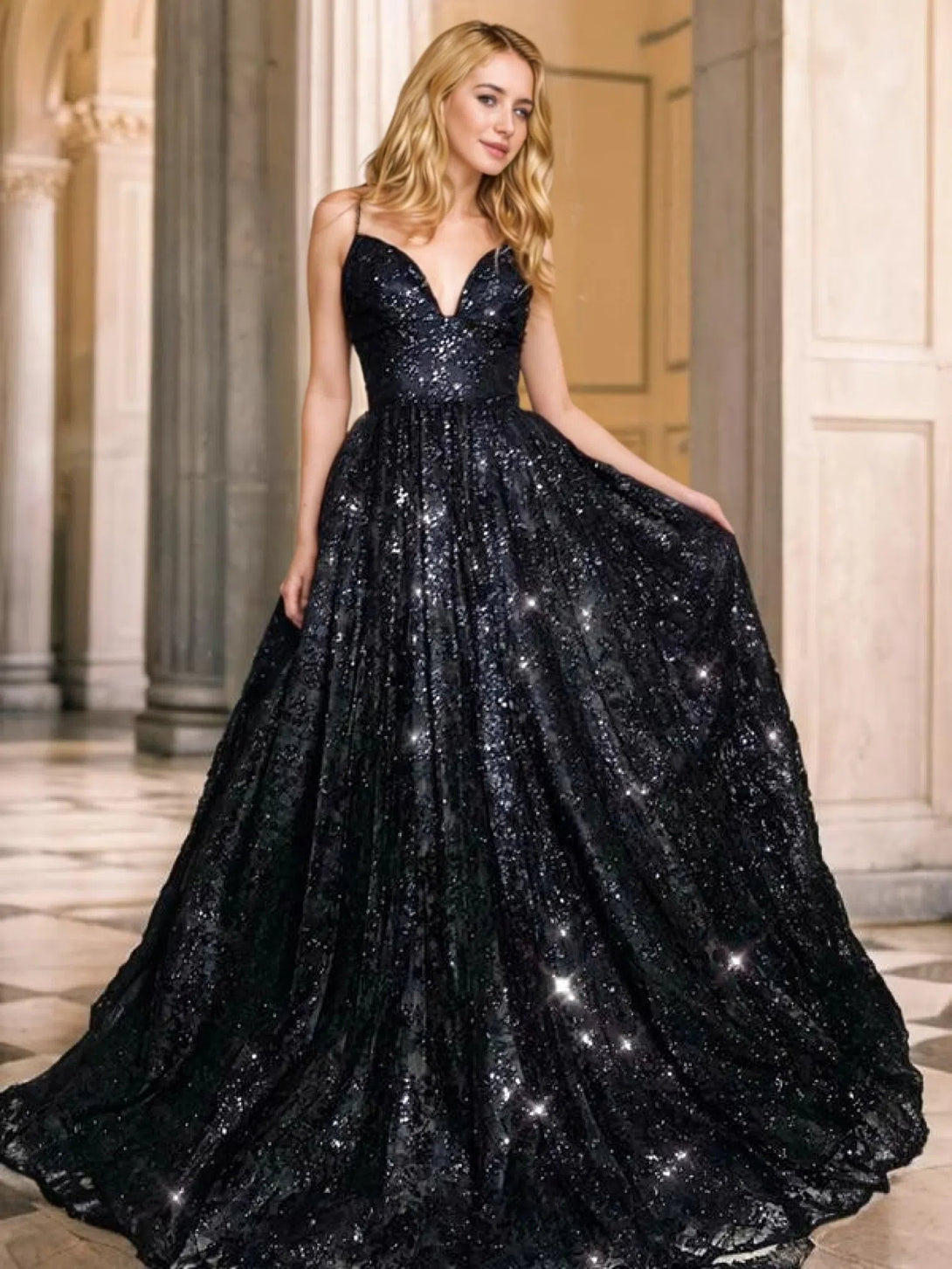 V-neck Sequins Prom Gown A-Line/Princess Floor-Length V-neck Sequin Sleeveless Sequins Dresses BabaMila Black 2