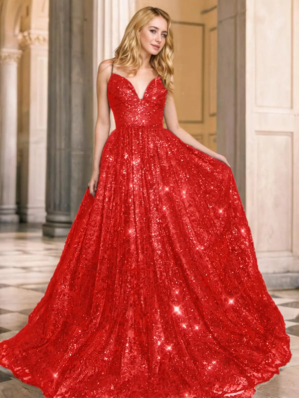 V-neck Sequins Prom Gown A-Line/Princess Floor-Length V-neck Sequin Sleeveless Sequins Dresses BabaMila Red 2