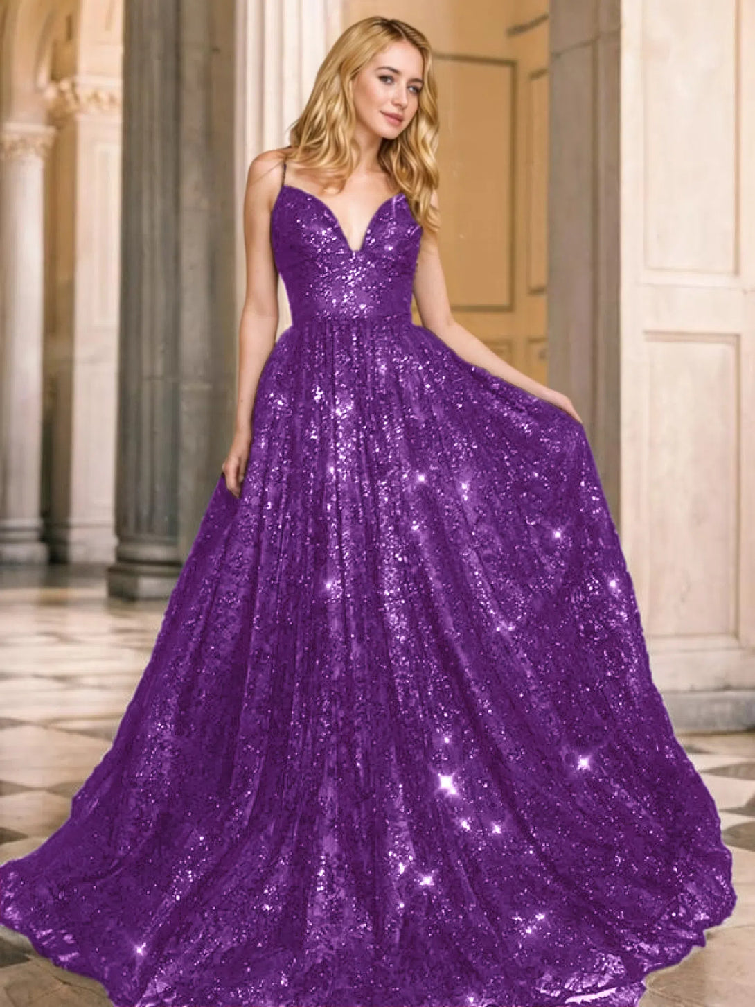 V-neck Sequins Prom Gown A-Line/Princess Floor-Length V-neck Sequin Sleeveless Sequins Dresses BabaMila Purple 2