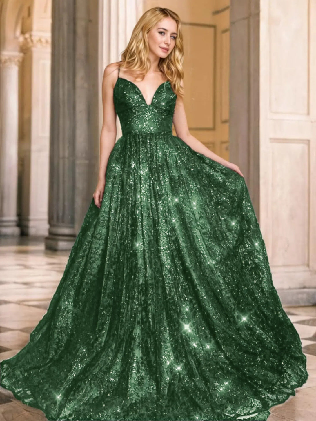 V-neck Sequins Prom Gown A-Line/Princess Floor-Length V-neck Sequin Sleeveless Sequins Dresses BabaMila Dark Green 2