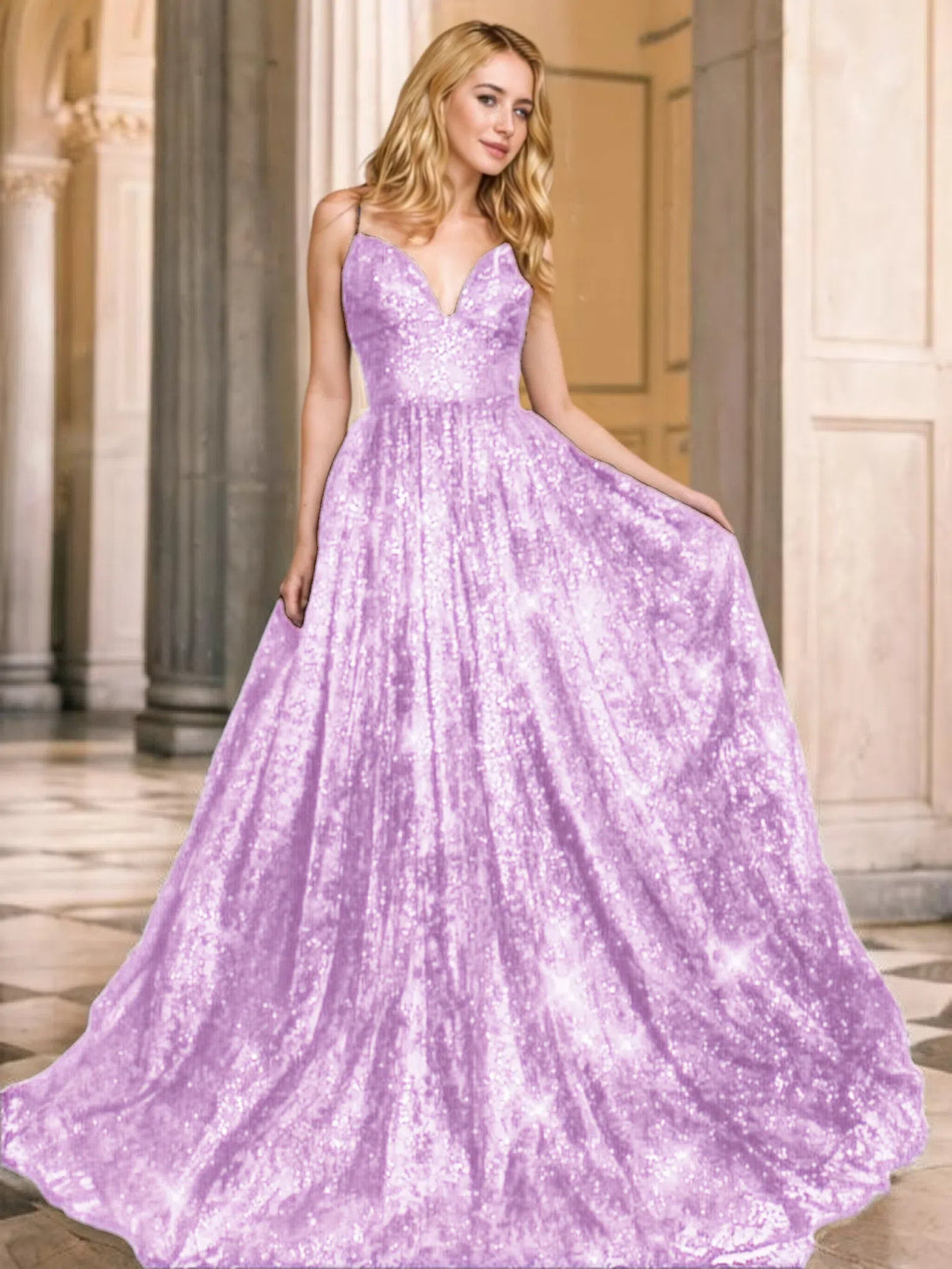 V-neck Sequins Prom Gown A-Line/Princess Floor-Length V-neck Sequin Sleeveless Sequins Dresses BabaMila Lilac 2