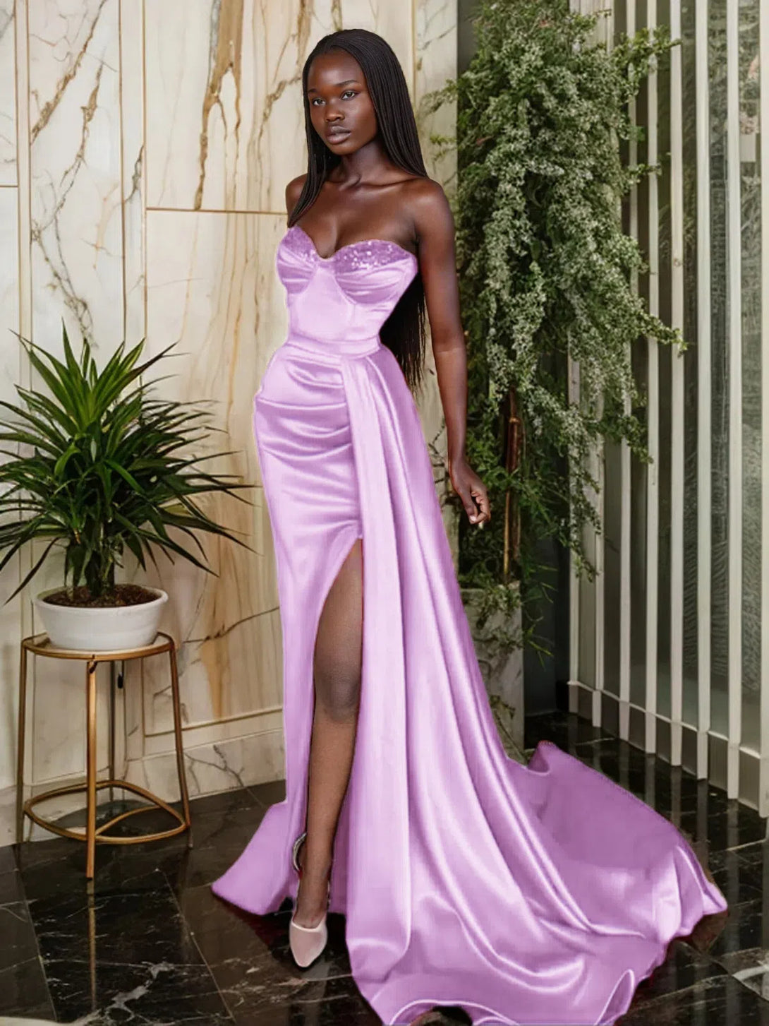 Elastic Women Satin Ruched Sweetheart Prom Dress Sleeveless Sweep/Brush Train Dresses BabaMila Lilac 2