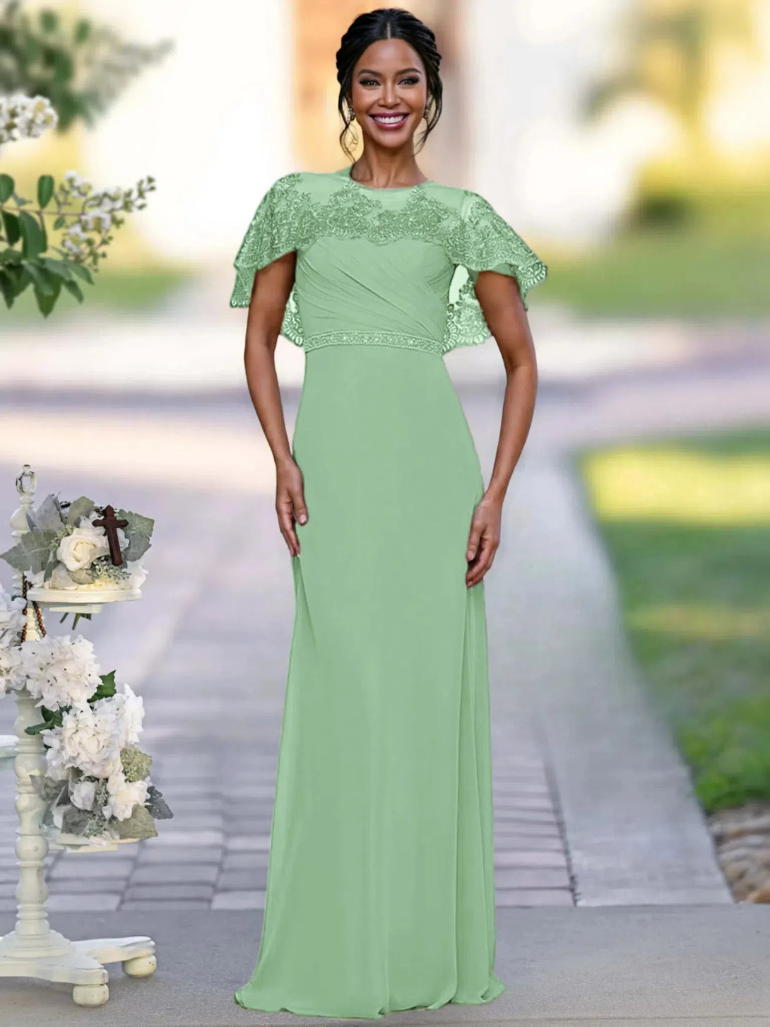 Sheath/Column Elegant Mother Of The Bride Dresses With Appliques & Belt & Beadings BabaMila Dusty Sage 2