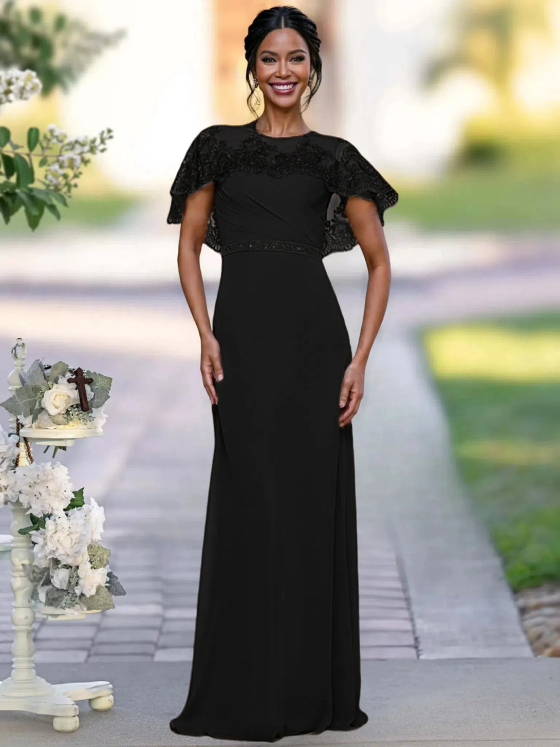 Sheath/Column Elegant Mother Of The Bride Dresses With Appliques & Belt & Beadings BabaMila Black 2