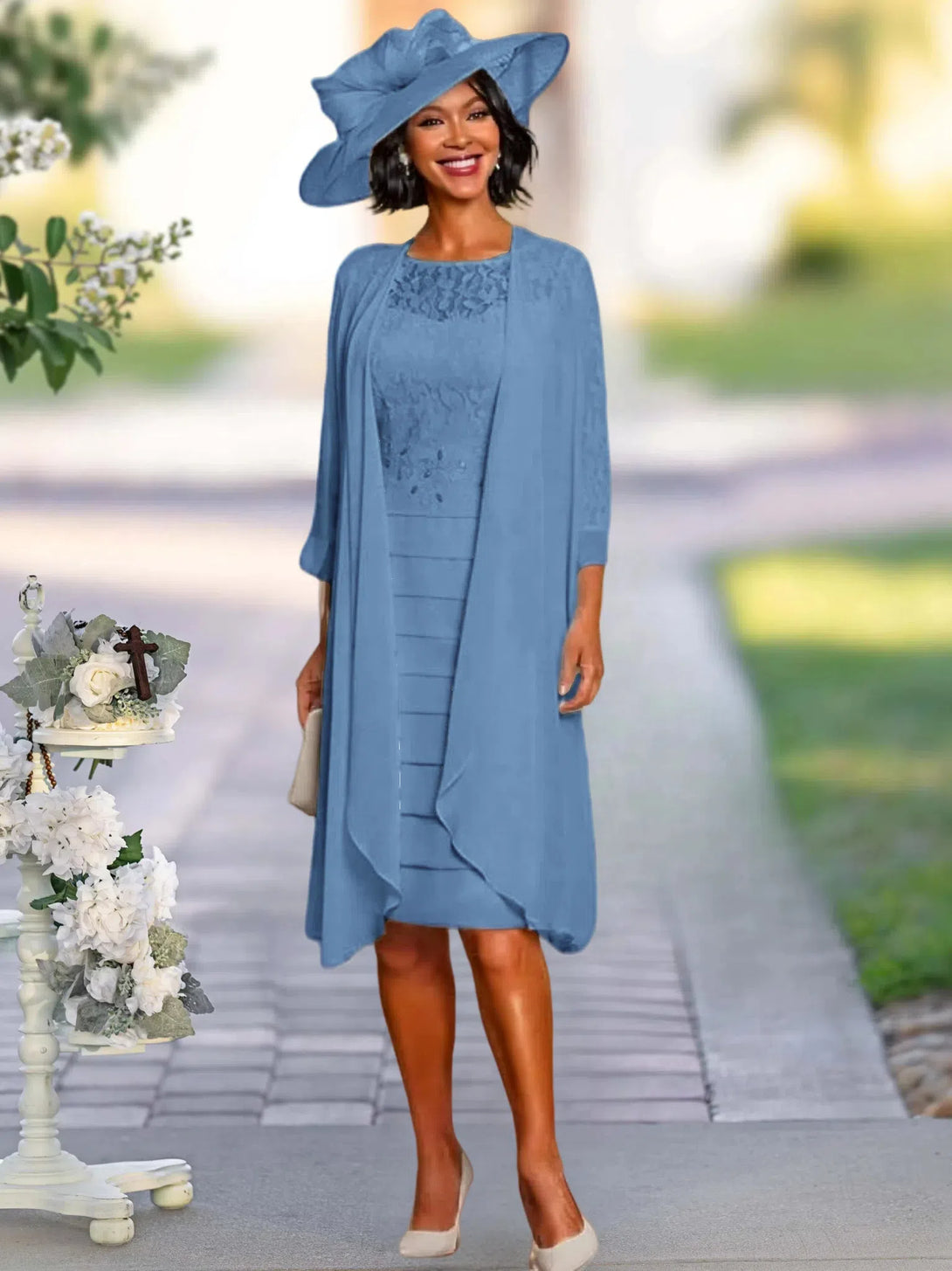 Two Piece Sheath/Column Knee-Length Jewel Neck Mother Of The Bride Dress With Jacket BabaMila Dusty Blue 2