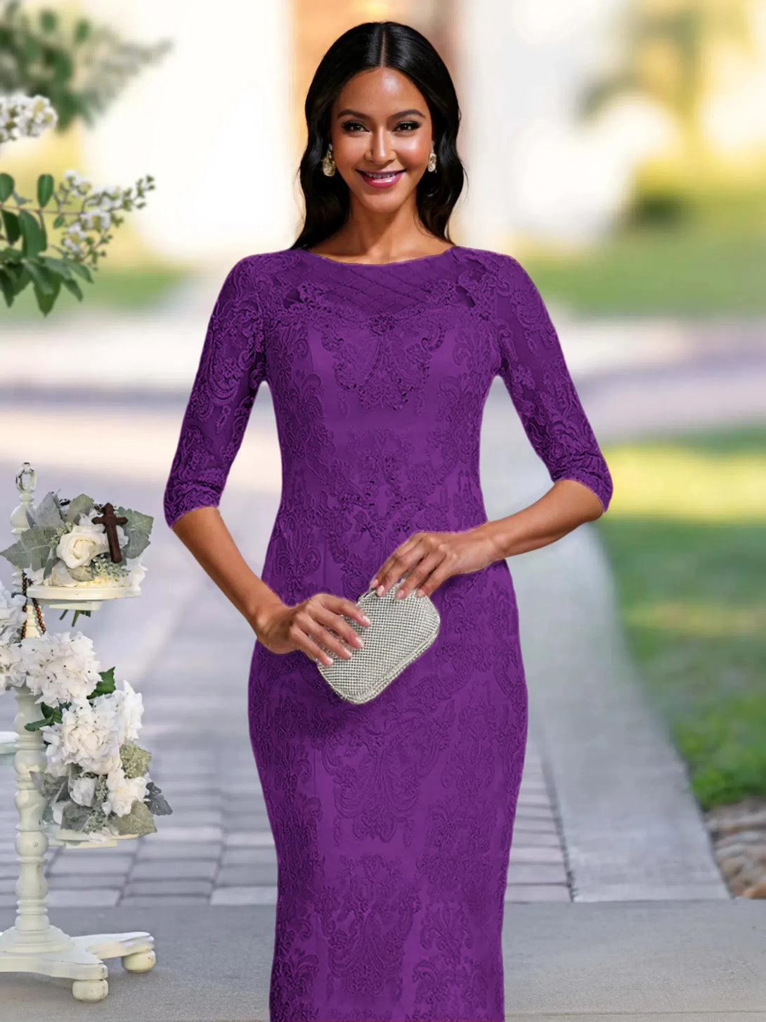 Two Pieces Sheath/Column Scoop Neck Mother Of The Bride/Groom Dresses With Lace Appliques BabaMila Purple 2