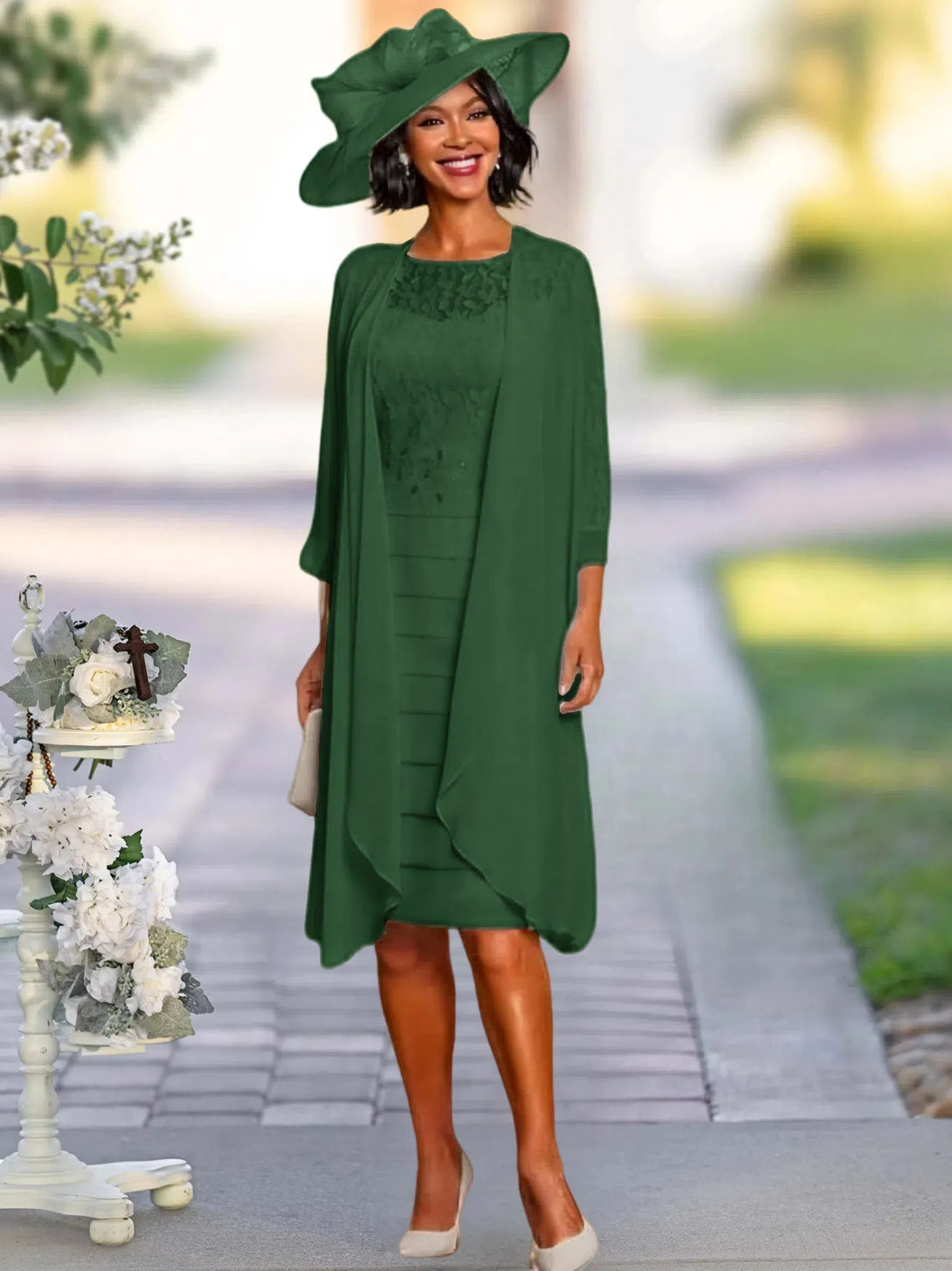 Two Piece Sheath/Column Knee-Length Jewel Neck Mother Of The Bride Dress With Jacket BabaMila Dark Green 2