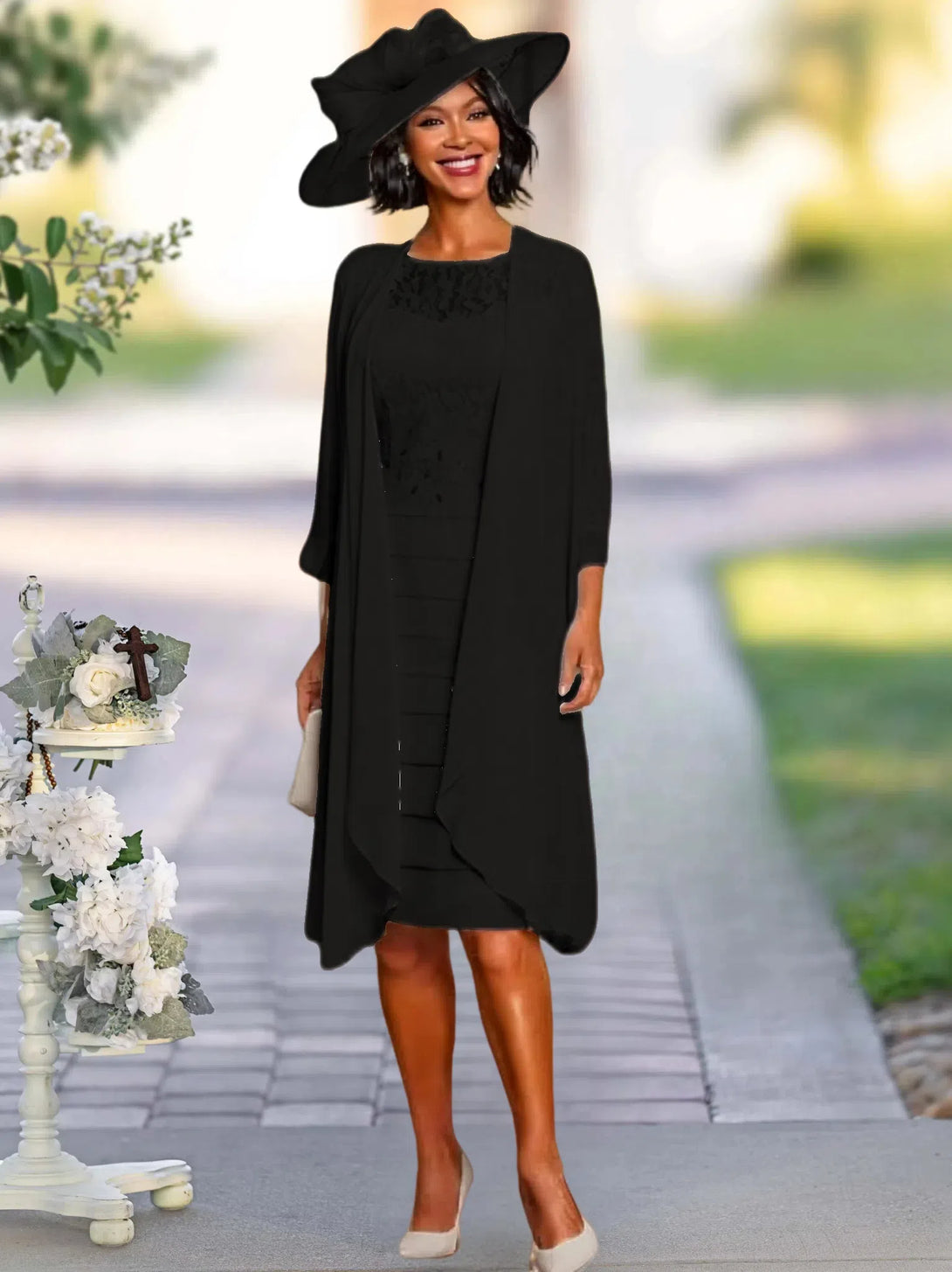 Two Piece Sheath/Column Knee-Length Jewel Neck Mother Of The Bride Dress With Jacket BabaMila Black 2