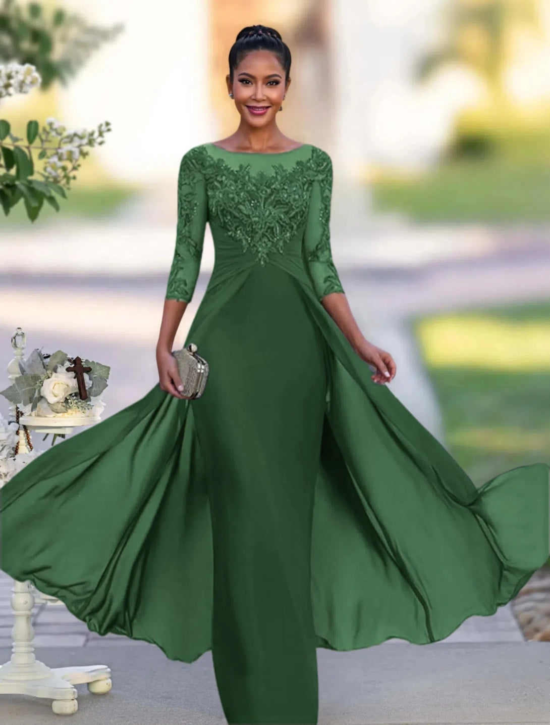 A-Line/Princess Jewel Neck Floor-Length Mother Of The Bride Dresses BabaMila Dark Green 2