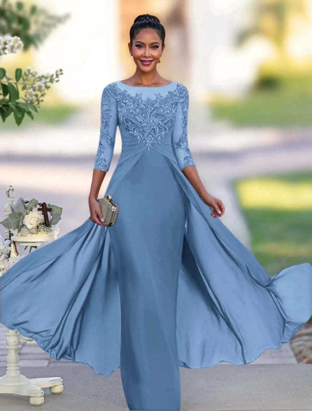 A-Line/Princess Jewel Neck Floor-Length Mother Of The Bride Dresses BabaMila Dusty Blue 2