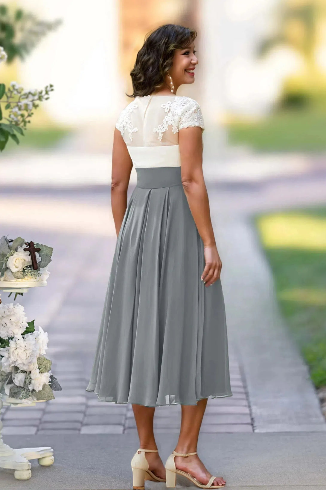 V Neck Lace Chiffon Tea-Length Mother Of The Bride Dresses BabaMila