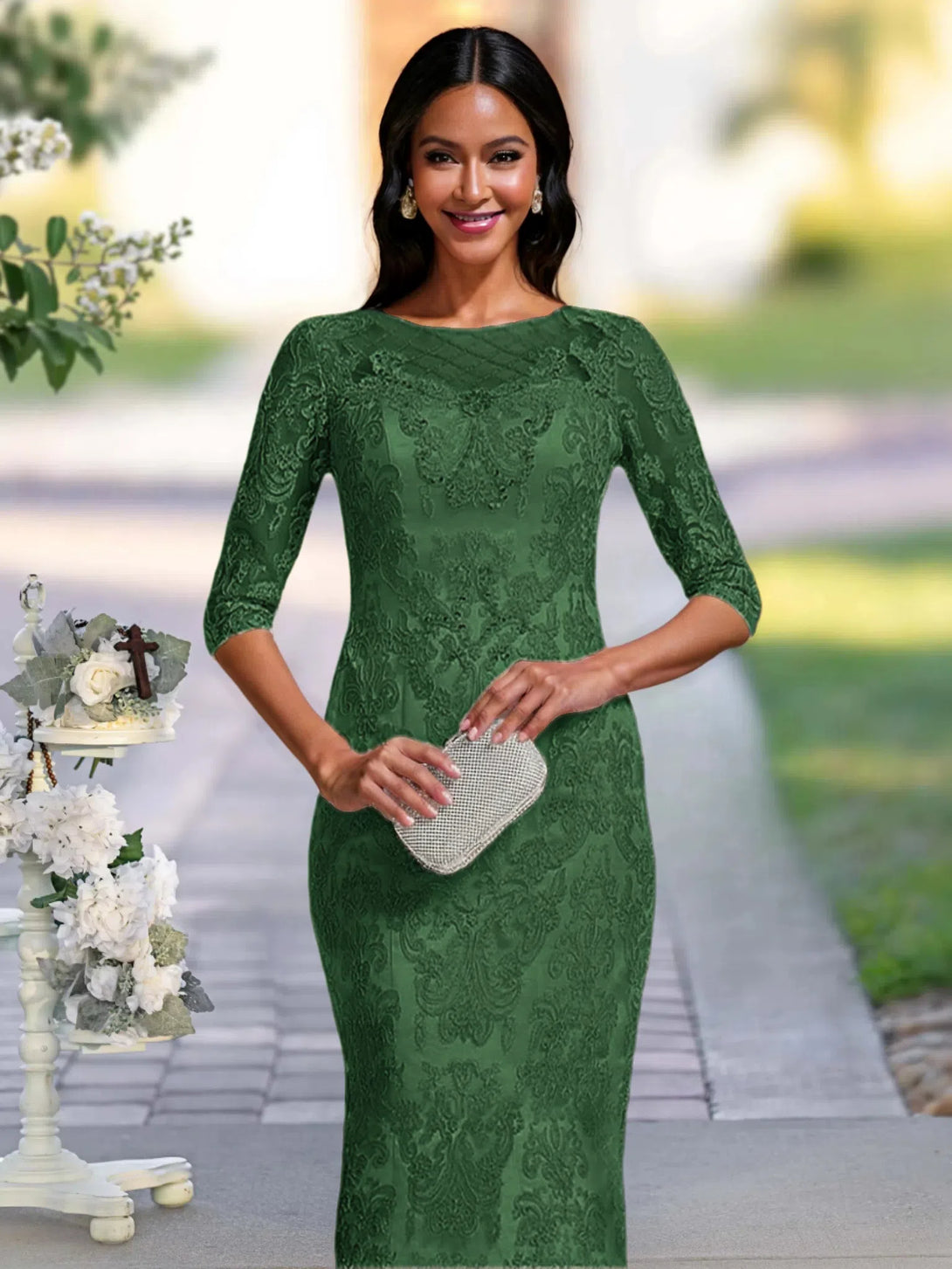 Two Pieces Sheath/Column Scoop Neck Mother Of The Bride/Groom Dresses With Lace Appliques BabaMila Dark Green 2