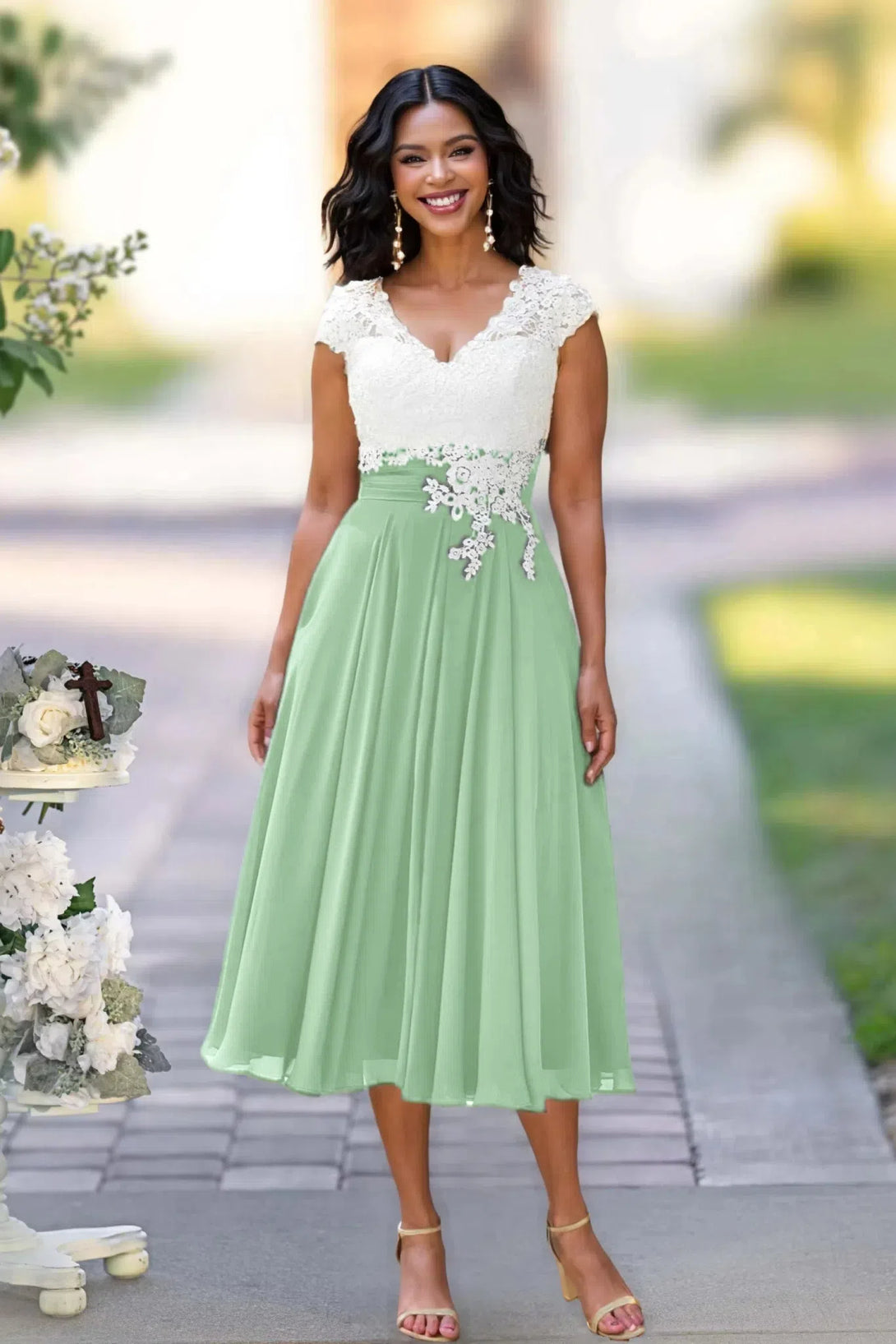 V Neck Lace Chiffon Tea-Length Mother Of The Bride Dresses BabaMila