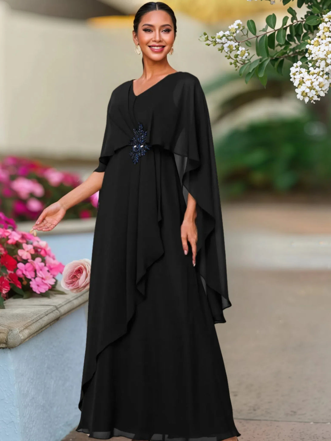 V Neck A Line Chiffon Floor Length Mother Of The Bride Dress BabaMila Black 2