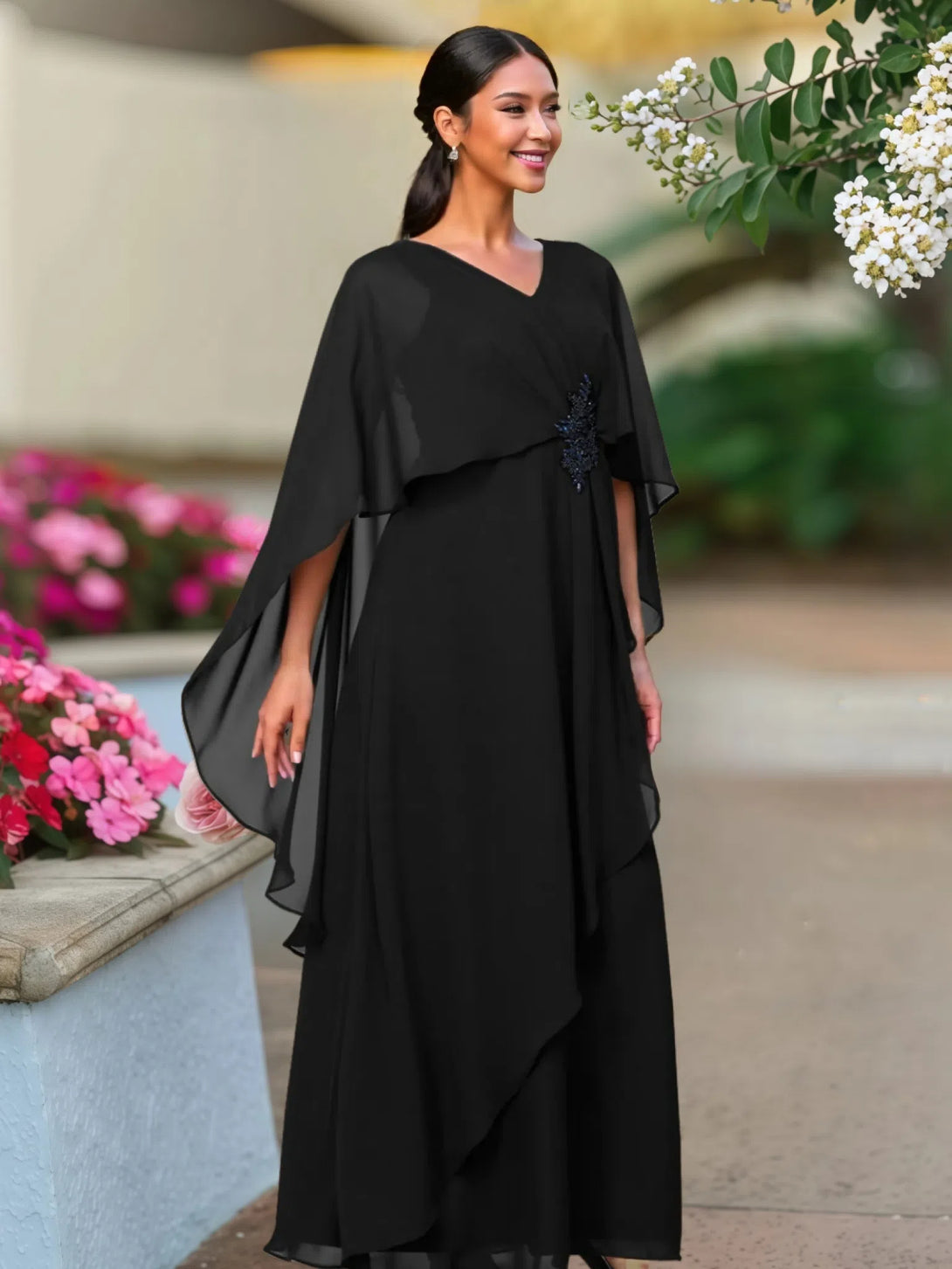 V Neck A Line Chiffon Floor Length Mother Of The Bride Dress BabaMila