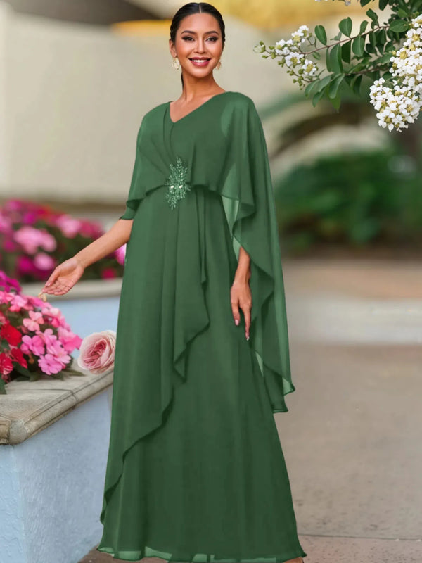 V Neck A Line Chiffon Floor Length Mother Of The Bride Dress BabaMila Dark Green 2