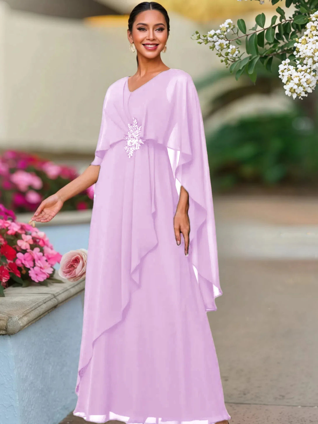 V Neck A Line Chiffon Floor Length Mother Of The Bride Dress BabaMila