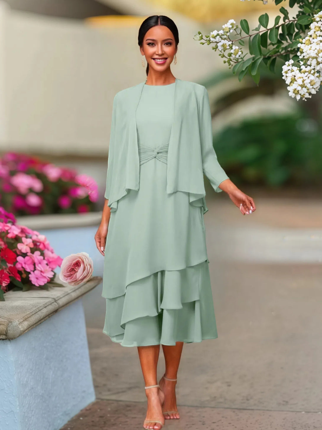 Two Pieces Tea Length Long Sleeves Chiffon Mother Of The Bride Dress BabaMila