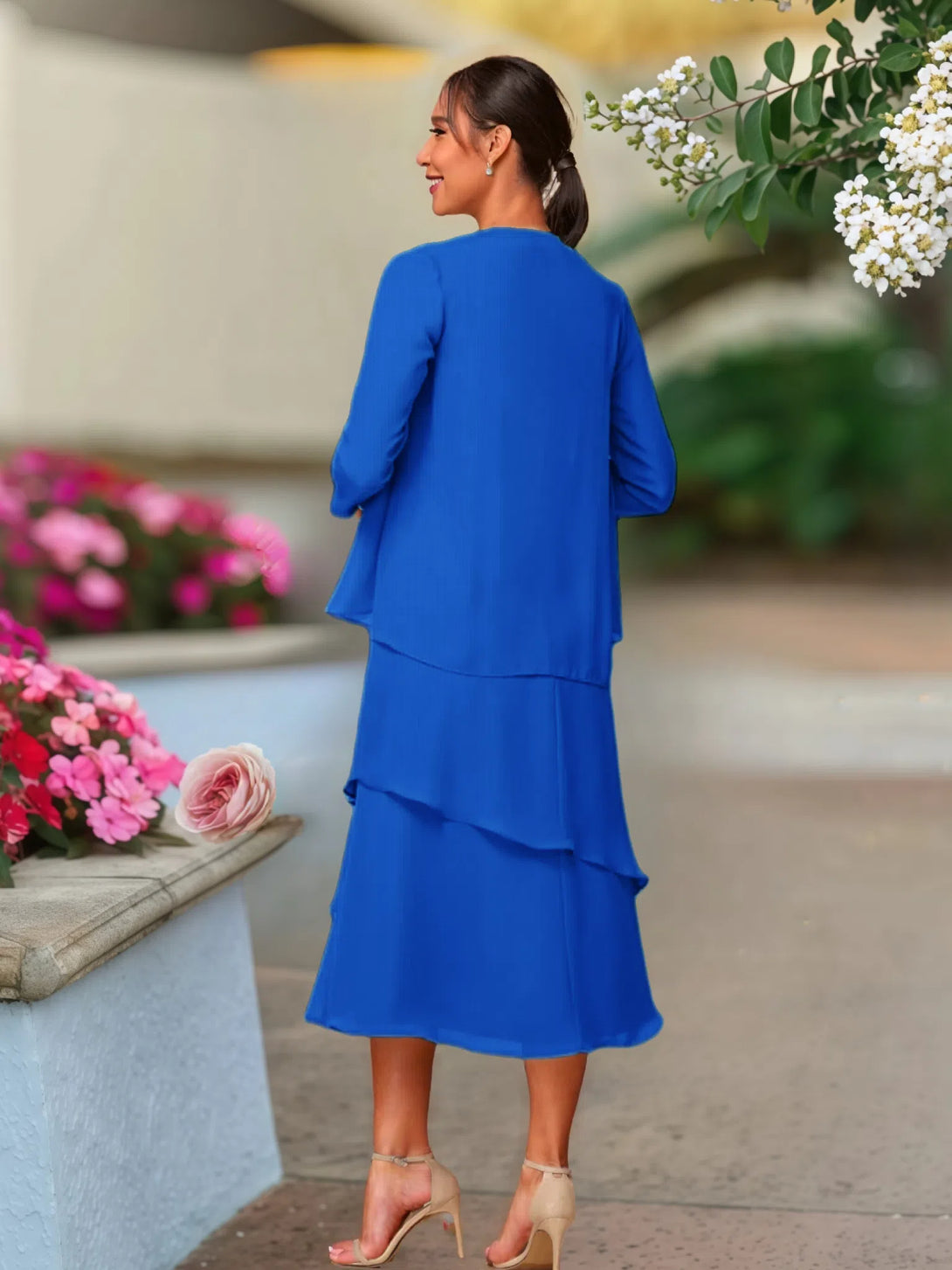 Two Pieces Tea Length Long Sleeves Chiffon Mother Of The Bride Dress BabaMila Royal Blue 2